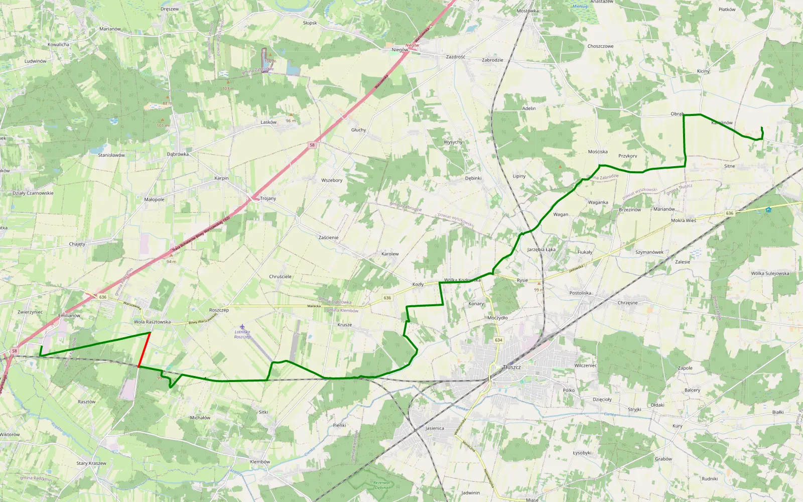 Mapa trasy Zwierzyniec - Sitne - 16.2 km trasy offroad, Powiat Wołomiński