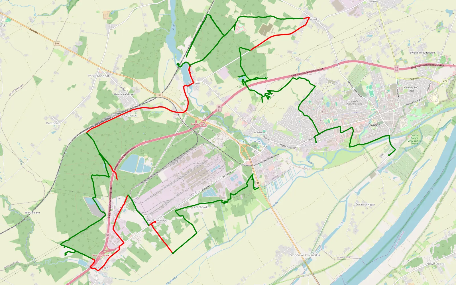 Mapa trasy Żurawia Kępa - Przechówko - 38.8 km trasy offroad, Powiat Świecki