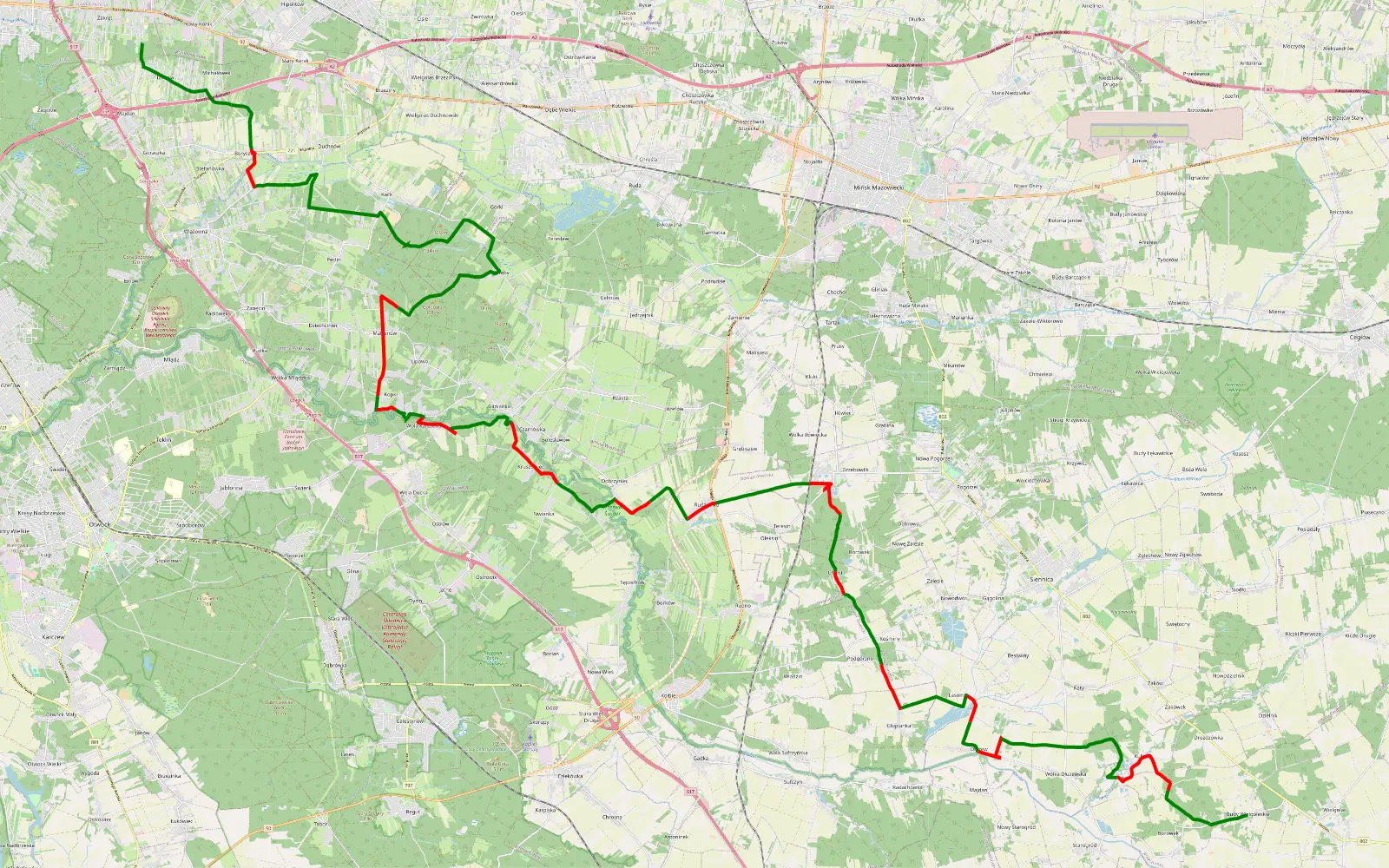 Mapa trasy Izabela - Budy Wielgoleskie - 53.9 km trasy offroad, Powiat Otwocki
