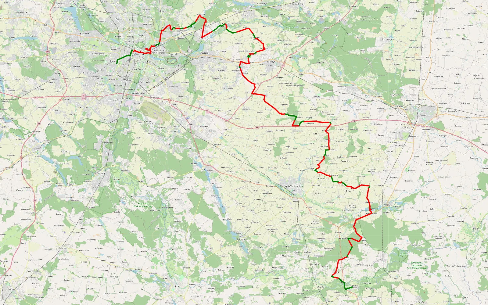 Map of Stary Grunwald - Nowe Miasto nad Wartą - 107 km offroad trail, Środa Wielkopolska County