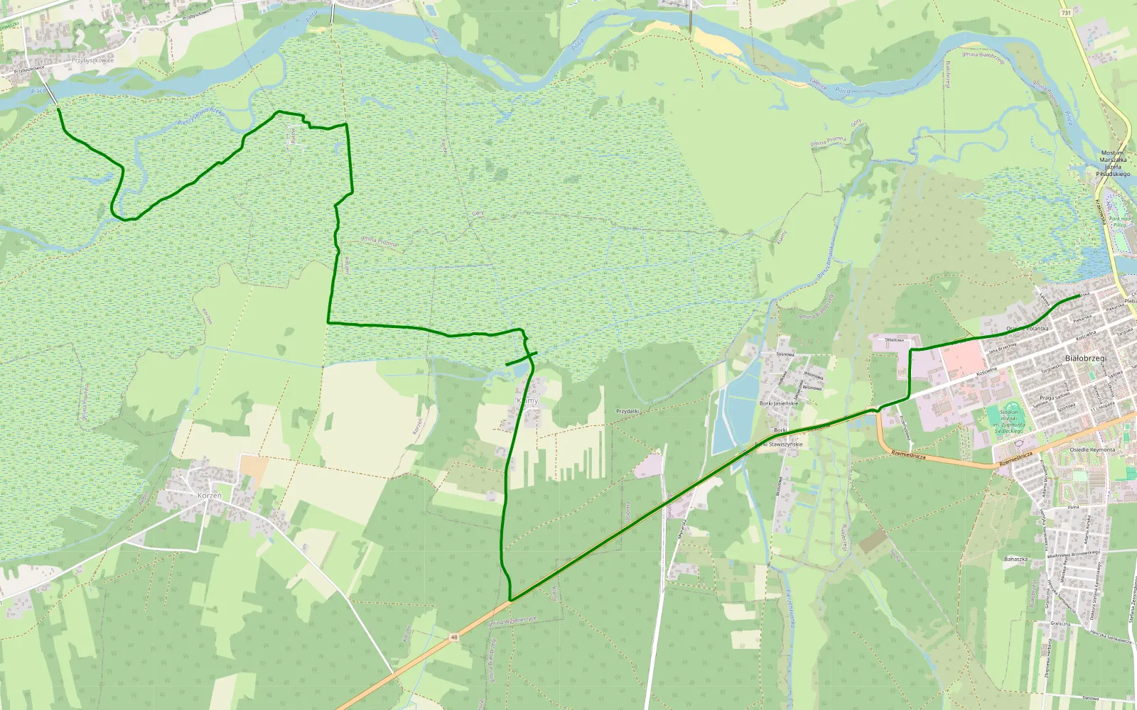 Mapa trasy Przybyszew - Białobrzegi - 5.6 km trasy offroad, Powiat Białobrzeski