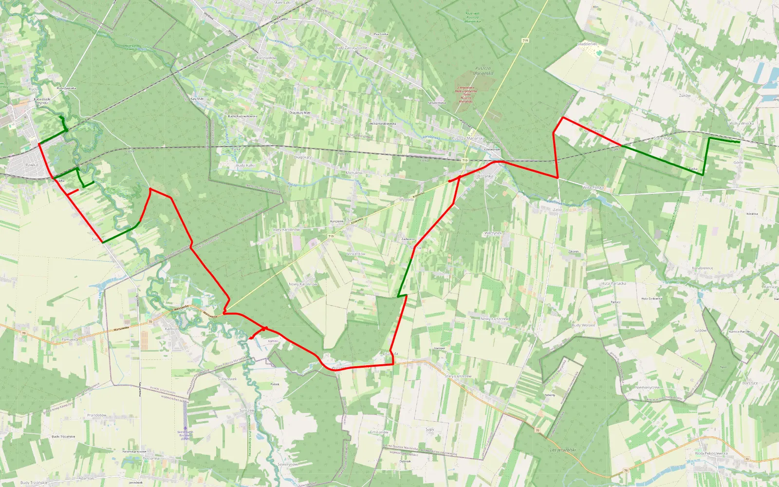 Map of Nad Rawkę - 30.2 km offroad trail, Żyrardów County