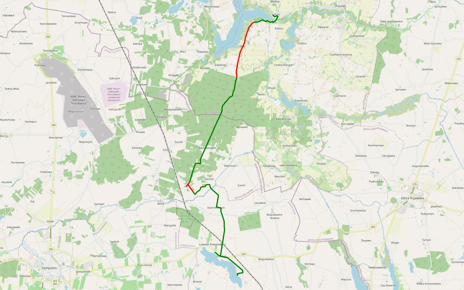 Map of Rybiny - Kolonia Lubotyń - 11.8 km offroad trail, Radziejów County