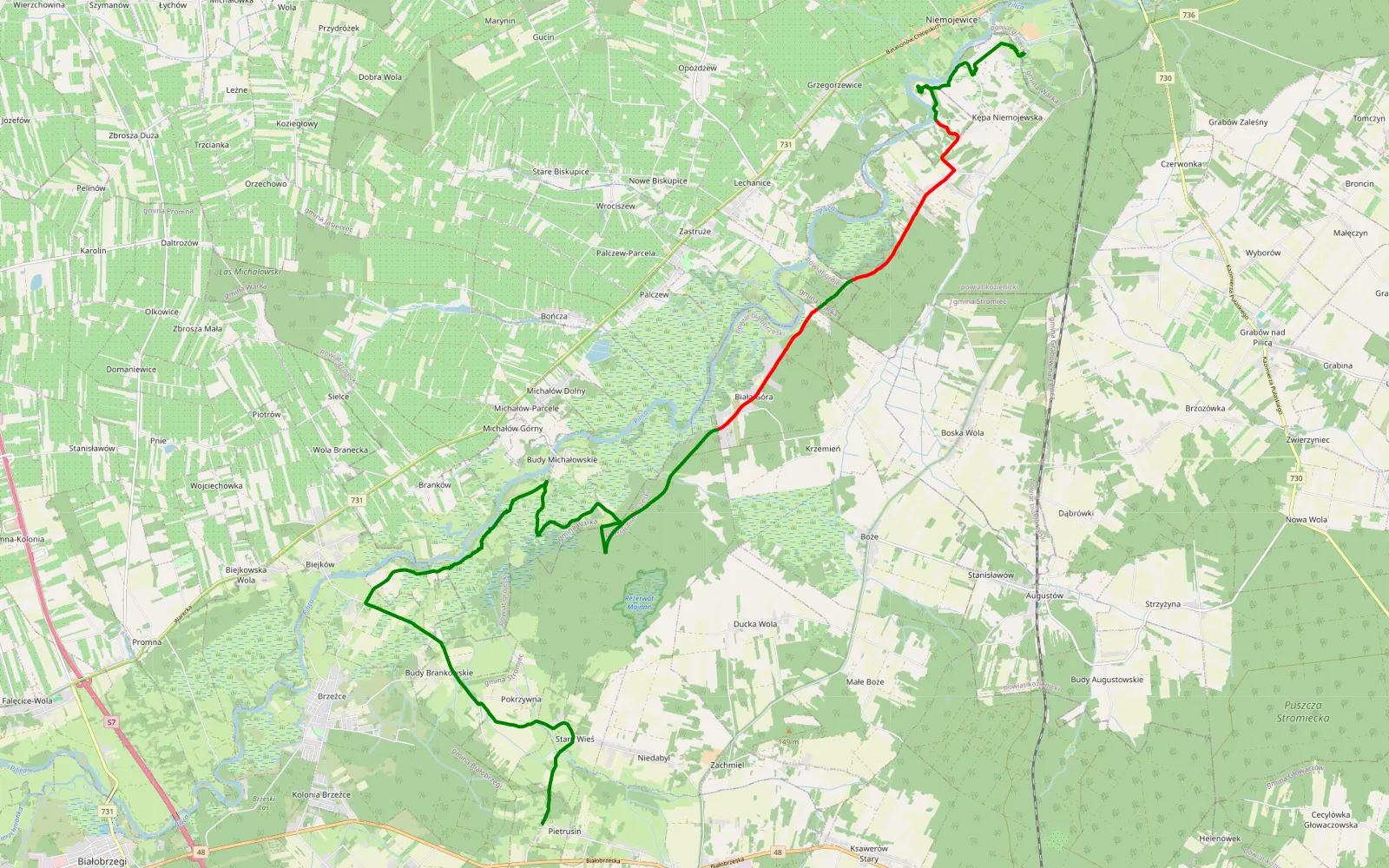 Mapa trasy offR pilica - 20.7 km trasy offroad, Powiat Grójecki