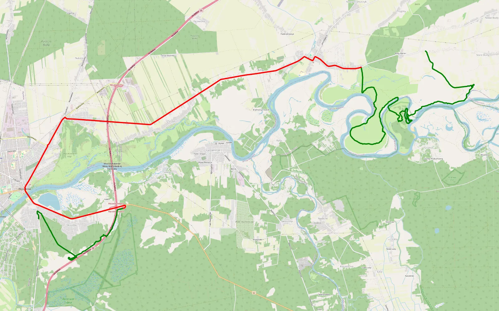 Mapa trasy Wyszków - Budy Stare - 34.8 km trasy offroad, Powiat Wyszkowski