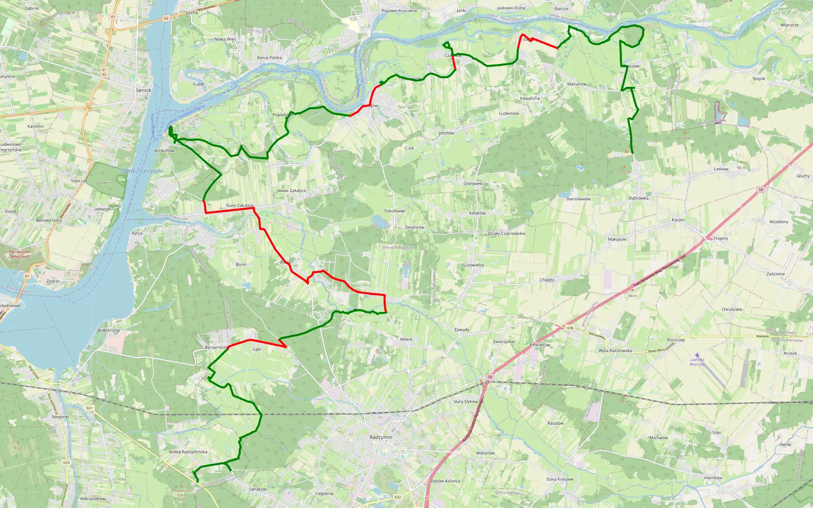 Mapa trasy Wólka Radzymińska - Dąbrówka - 48.8 km trasy offroad, Powiat Wołomiński