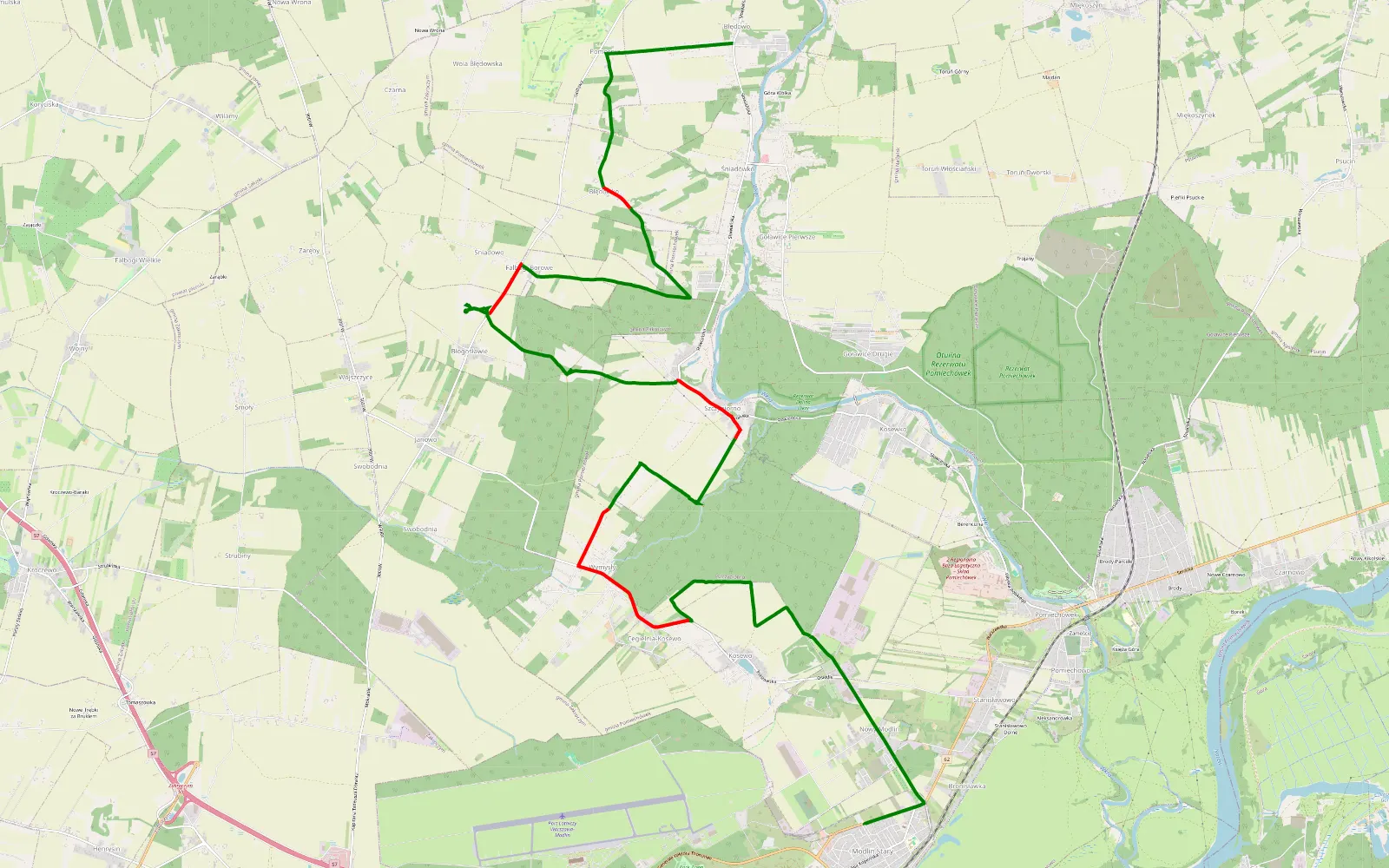 Mapa trasy Nowy Dwór Mazowiecki - Błędowo - 18.9 km trasy offroad, Powiat Nowodworski