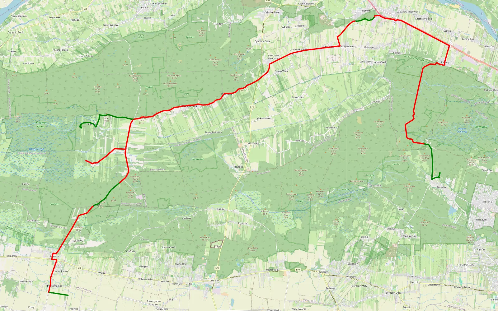 Mapa trasy Truskaw - Kampinos A - 56.8 km trasy offroad, Powiat Nowodworski