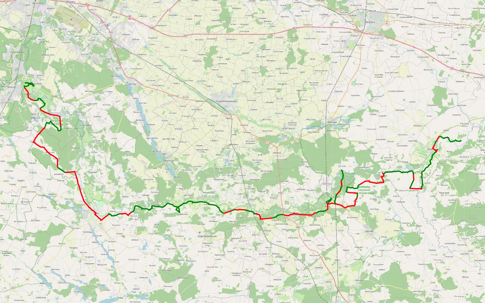 Map of Wzdłuż Warty - 123.9 km offroad trail, Śrem County
