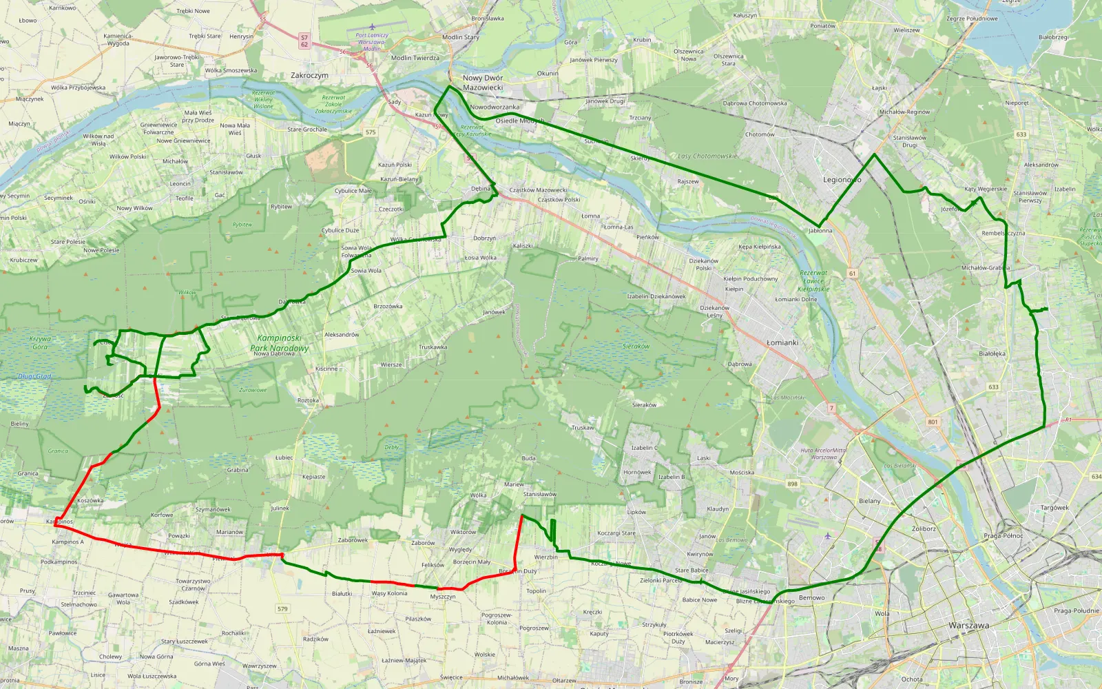 Mapa trasy Kampinoski Trip Rodzinny - 52 km trasy offroad, Powiat Warszawski Zachodni