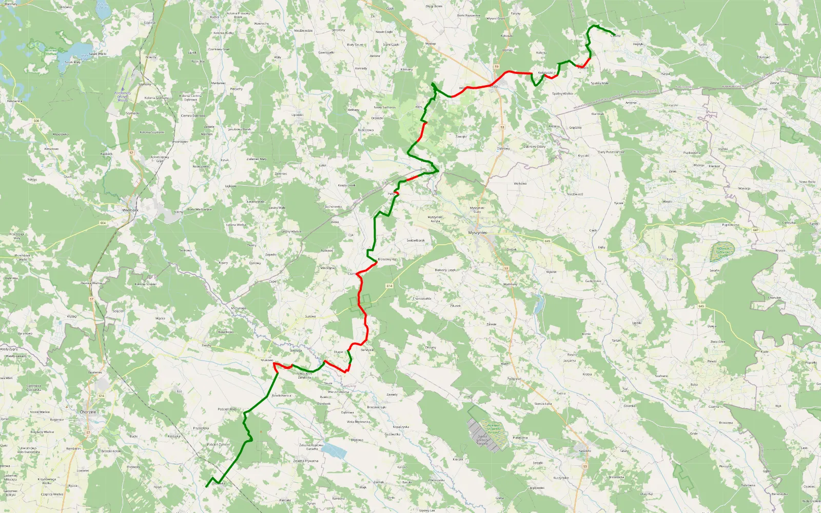 Mapa trasy Olszewka droga na ruciane - 68.2 km trasy offroad, Powiat Szczycieński