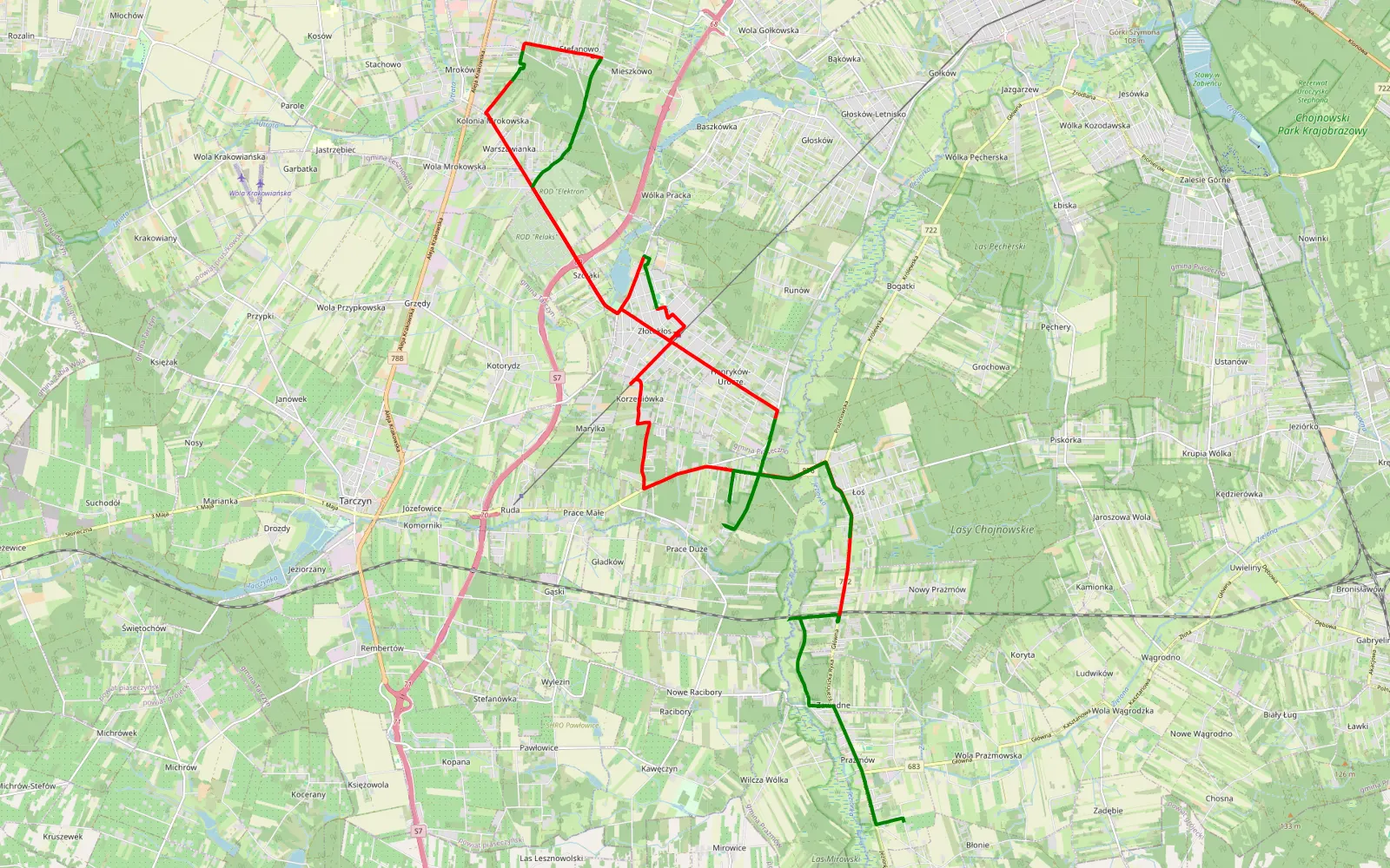 Mapa trasy A - 33.7 km trasy offroad, Powiat Piaseczyński