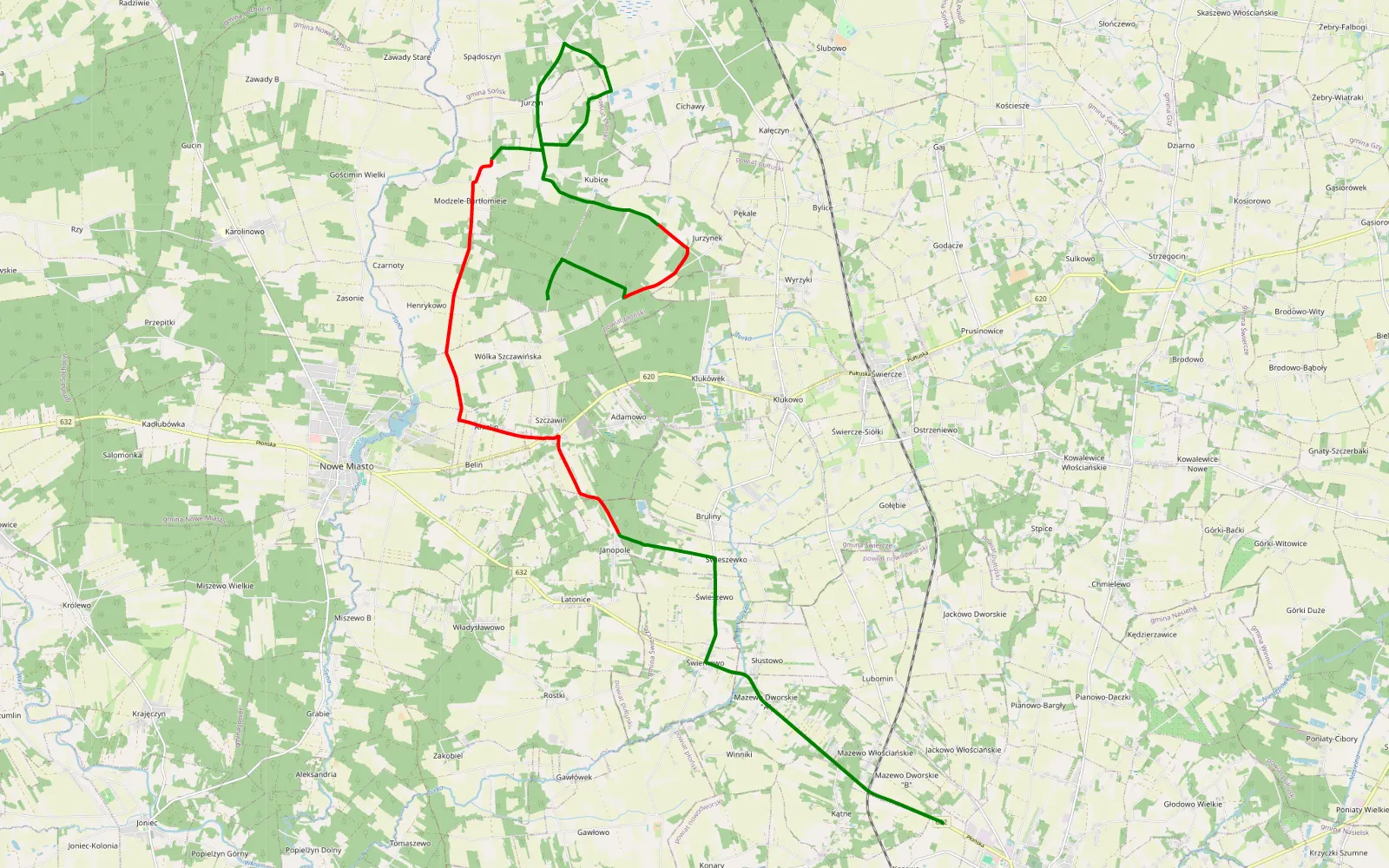 Mapa trasy Wólka Szczawińska - Kosewo - 22.1 km trasy offroad, Powiat Płoński