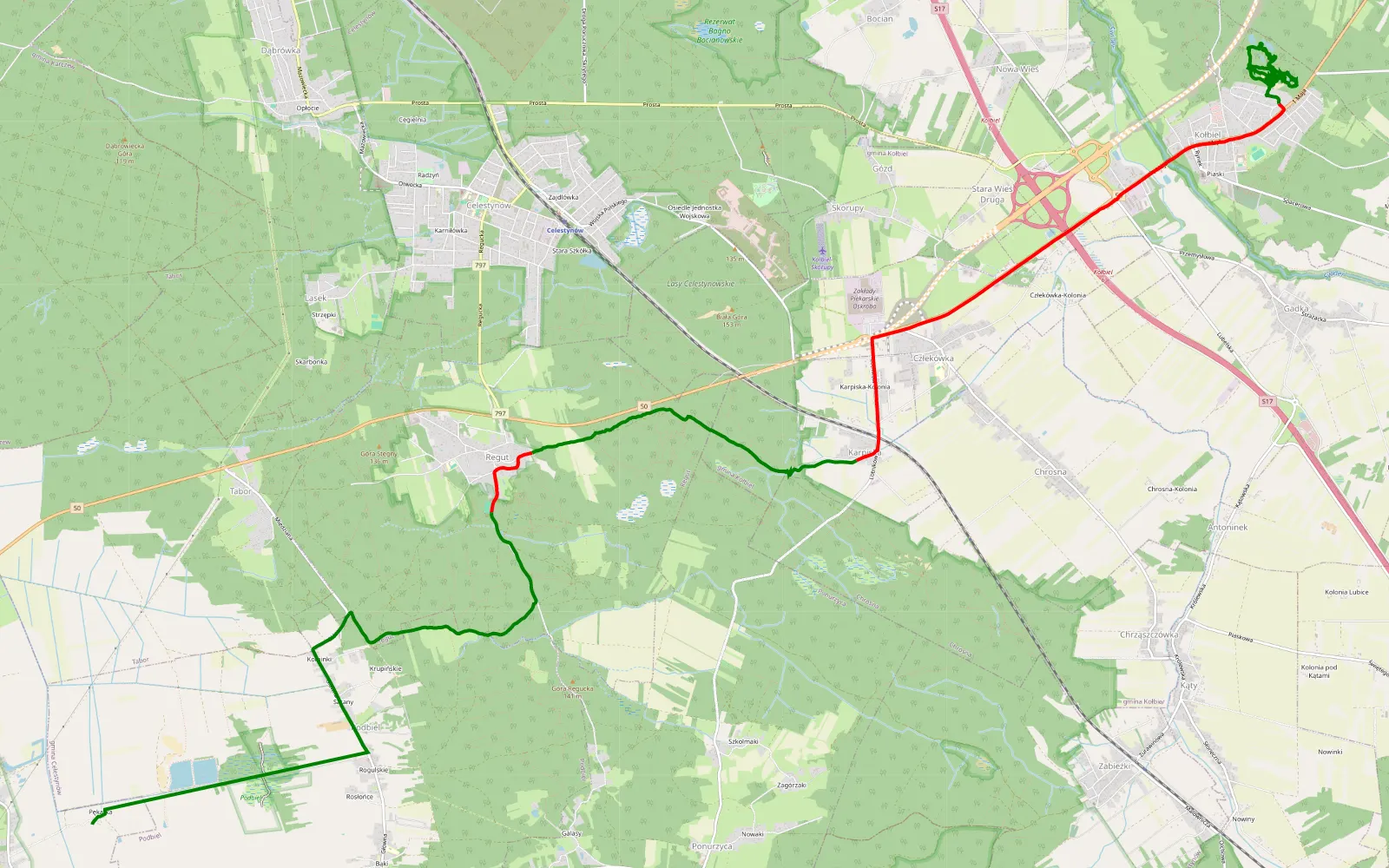 Mapa trasy Całowanie - Kołbiel - 20 km trasy offroad, Powiat Otwocki