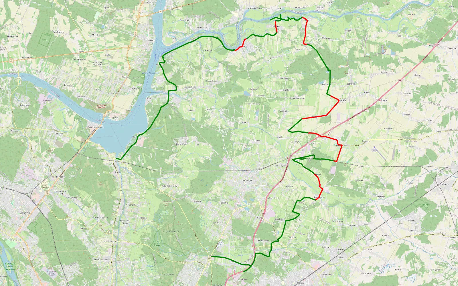 Mapa trasy Nadma - Nieporęt - 51.8 km trasy offroad, Powiat Wołomiński