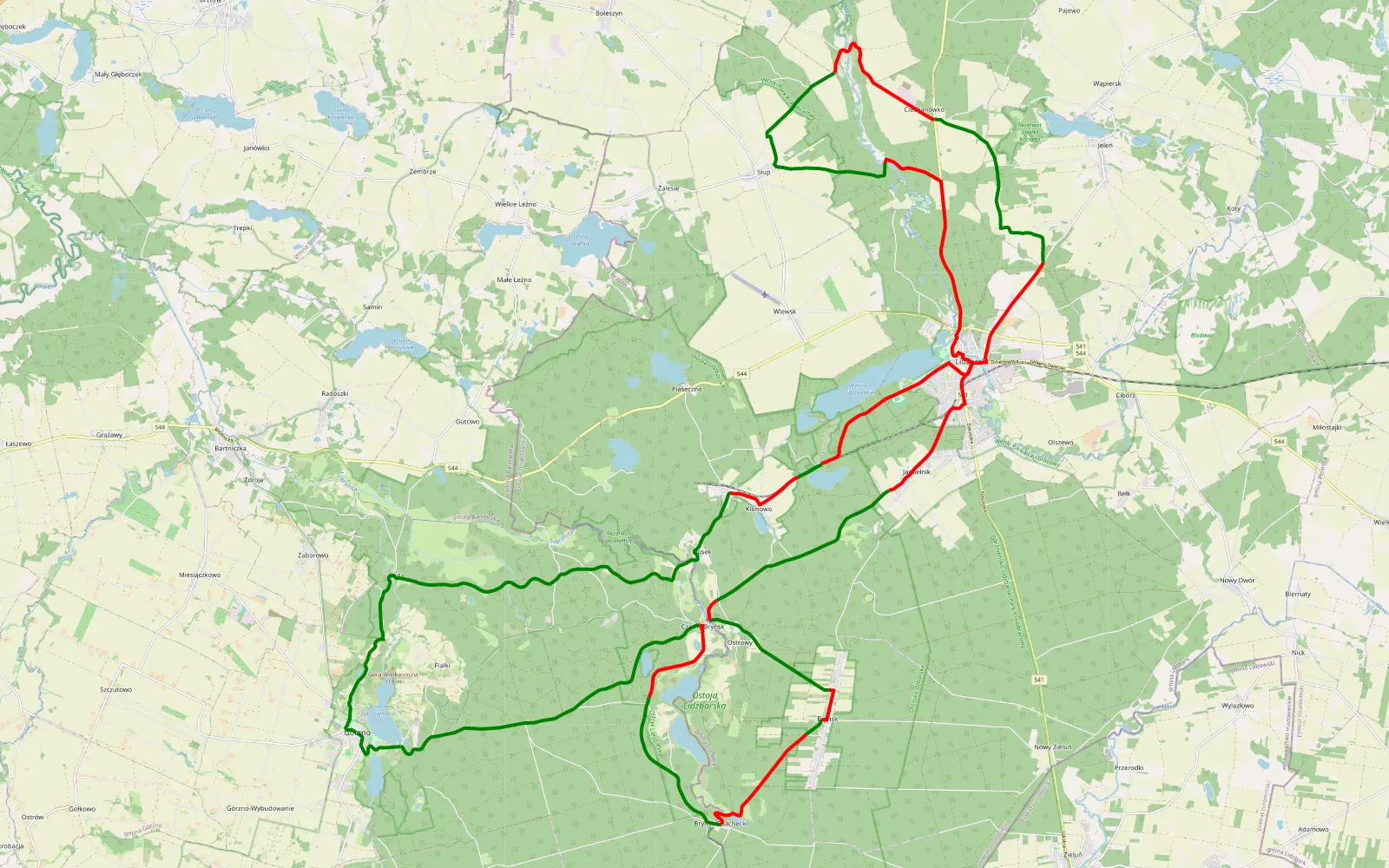 Map of Trasa na brodnickie 4X4 - 61.6 km offroad trail, Działdowo County