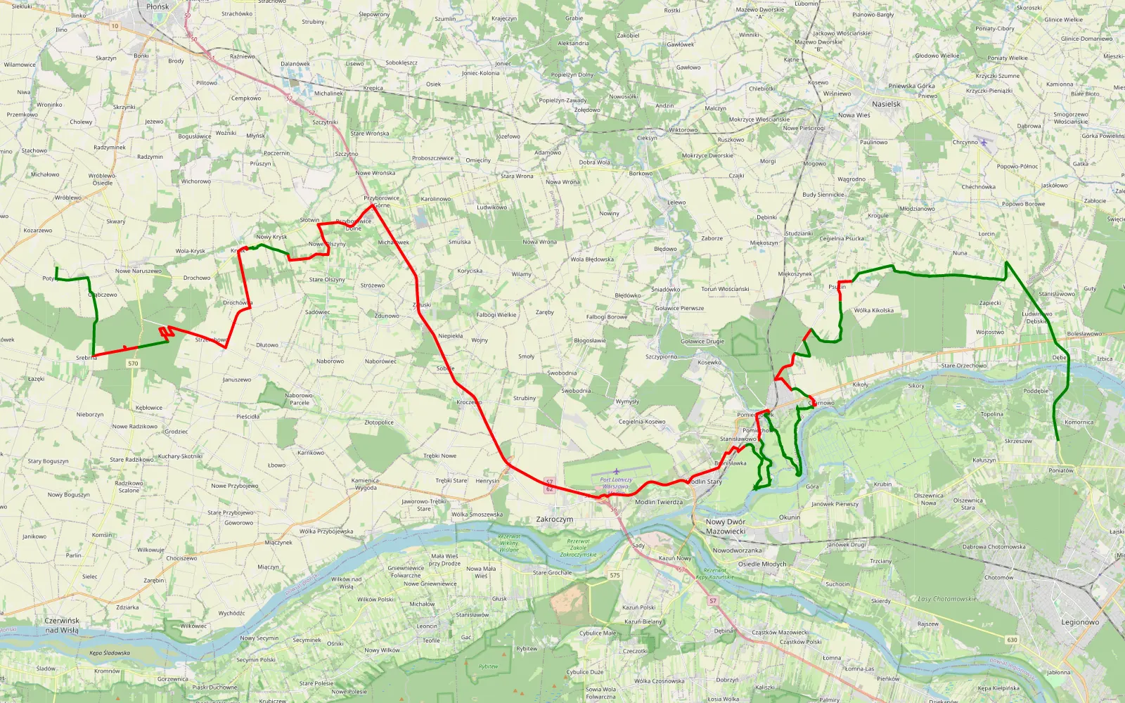 Mapa trasy Komornica - Potyry - 79.4 km trasy offroad, Powiat Nowodworski