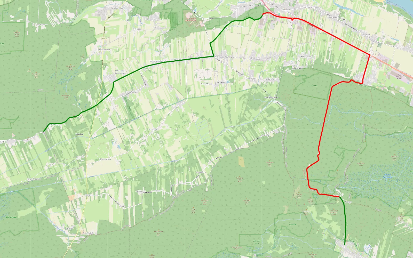 Mapa trasy Truskaw - Dąbrówka - 15.5 km trasy offroad, Powiat Nowodworski