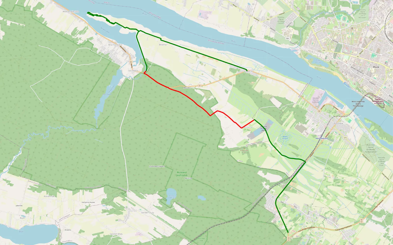 Mapa trasy Góry - Popłacin - 14.2 km trasy offroad, Powiat Płocki