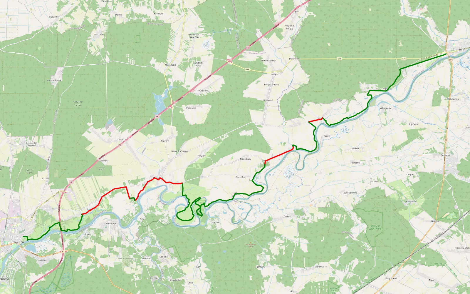 Mapa trasy Wyszków - Brok - 41.2 km trasy offroad, Powiat Wyszkowski
