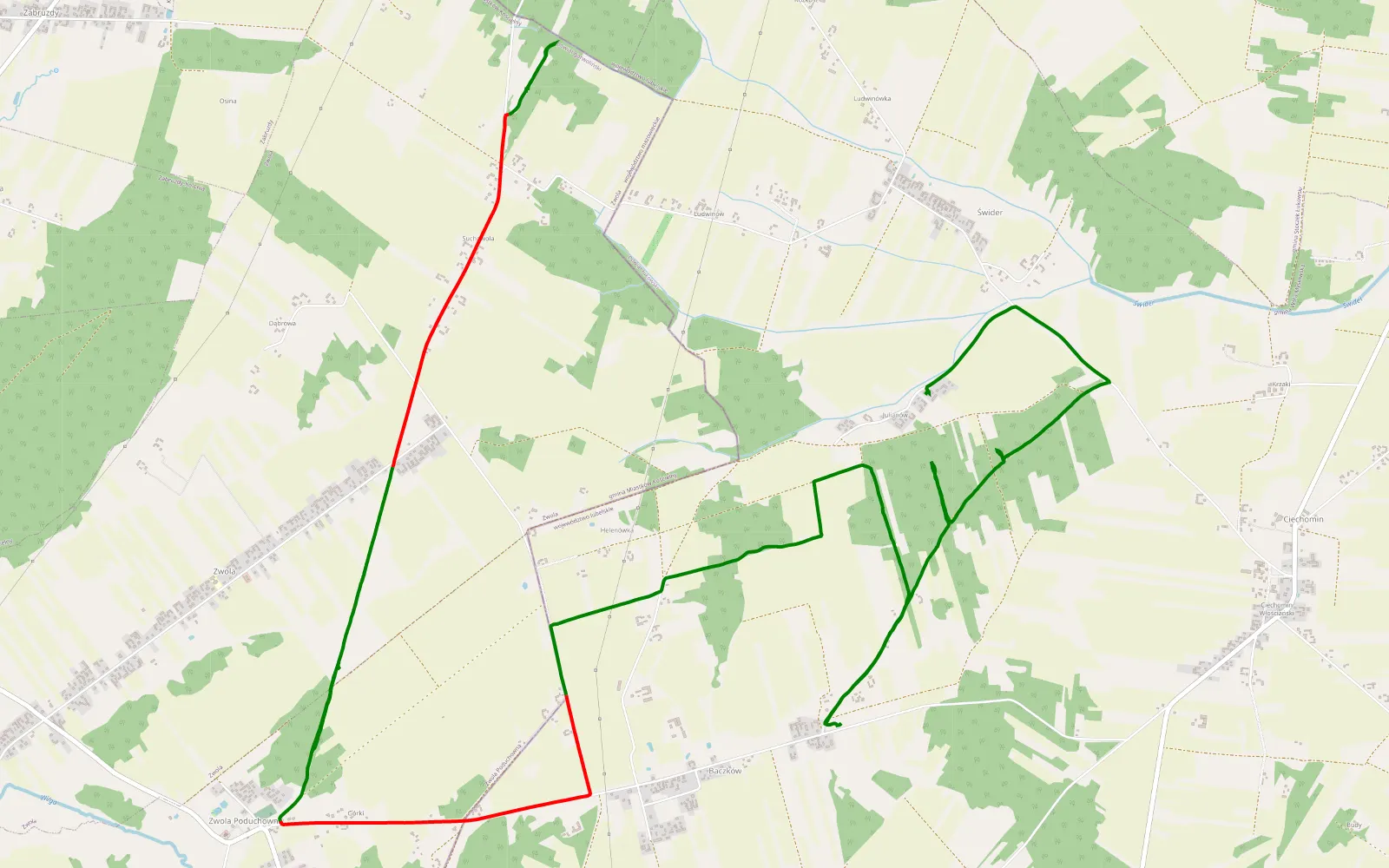 Mapa trasy Suchowola - Świder - 14.8 km trasy offroad, Powiat Łukowski