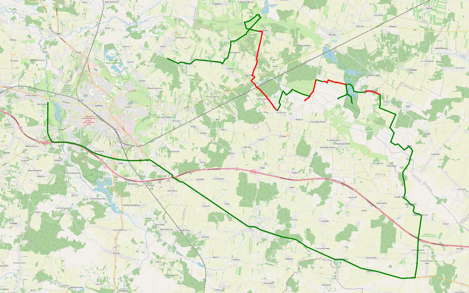 Mapa trasy Iganie Stare - Golice - 31.3 km trasy offroad, Powiat Siedlecki