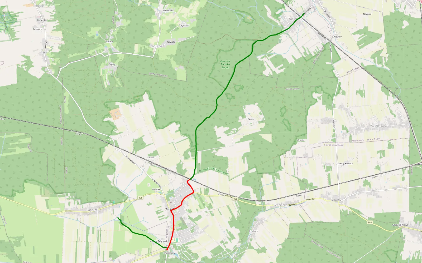 Mapa trasy Zabieżki - Pogorzel wodospad - 9.4 km trasy offroad, Powiat Otwocki