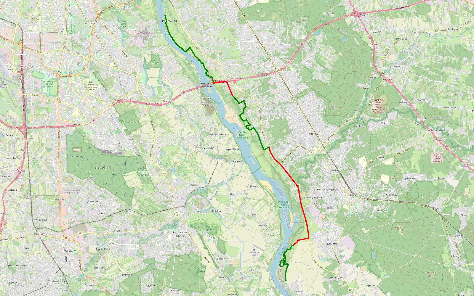 Mapa trasy Wisła karczew - 26.3 km trasy offroad, Powiat Otwocki