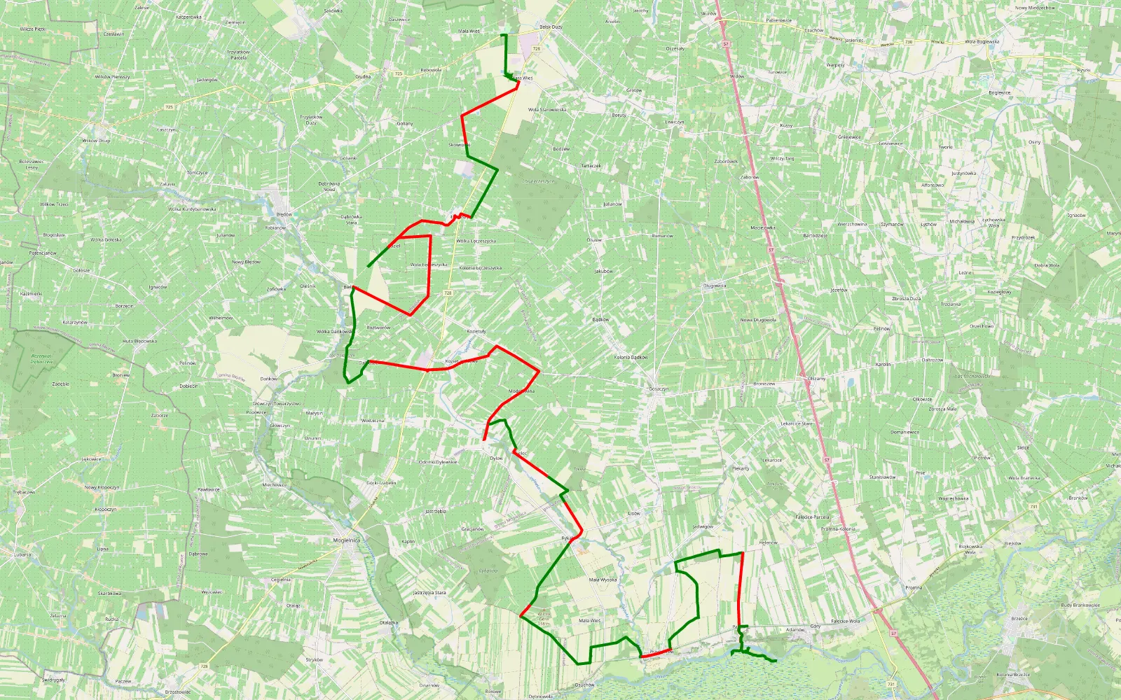 Mapa trasy Mała Wieś - Pacew - 56.9 km trasy offroad, Powiat Grójecki