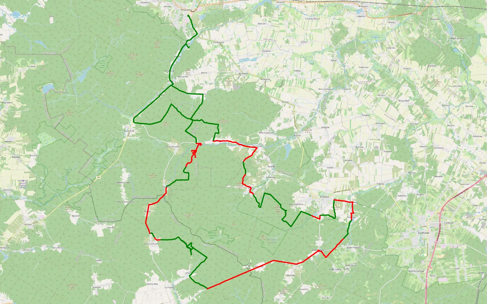 Map of Topornia - Przysucha - 65.8 km offroad trail, Szydłowiec County