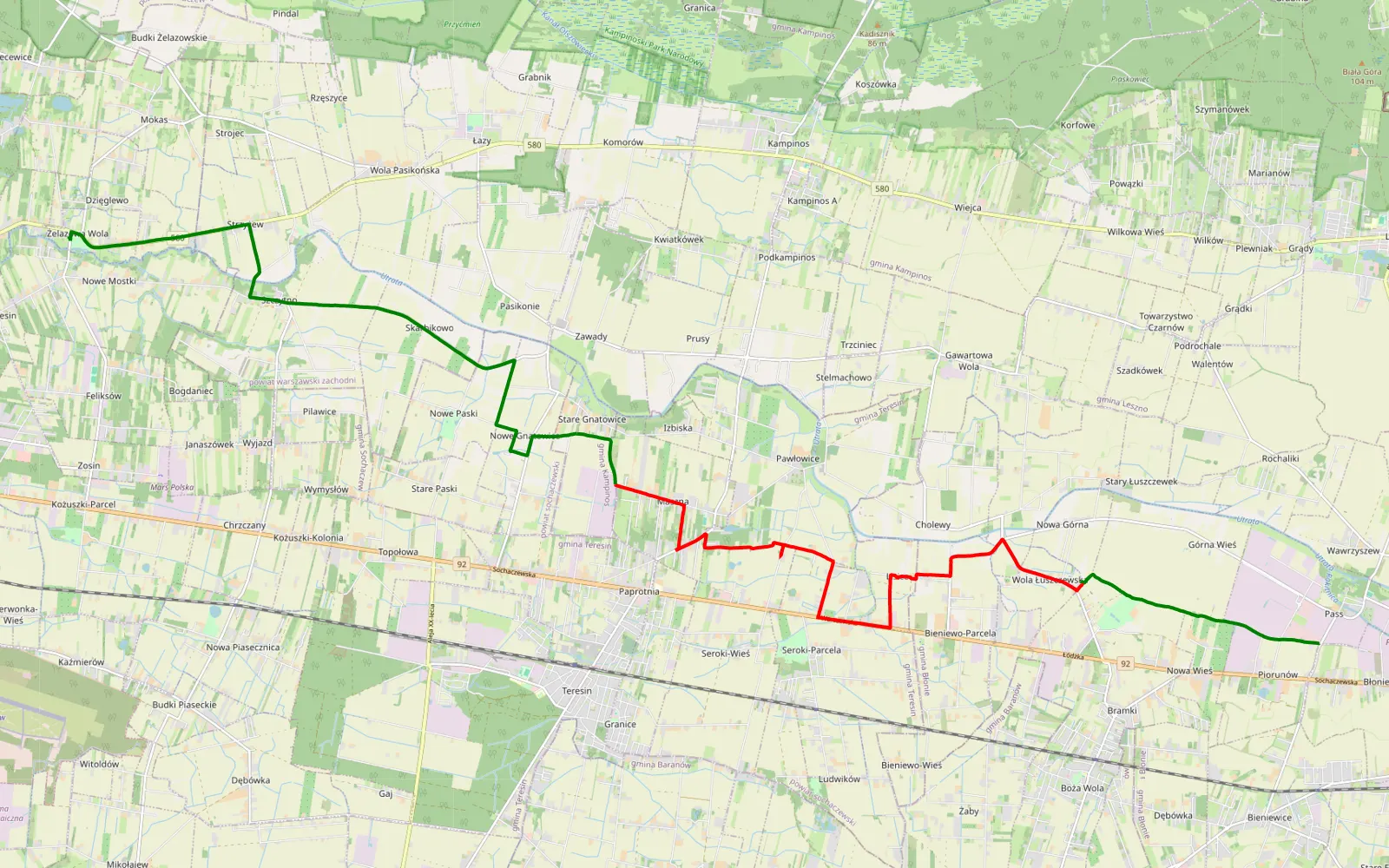 Map of Piorunów - Mostki Nowe - 15.8 km offroad trail, Warsaw West County