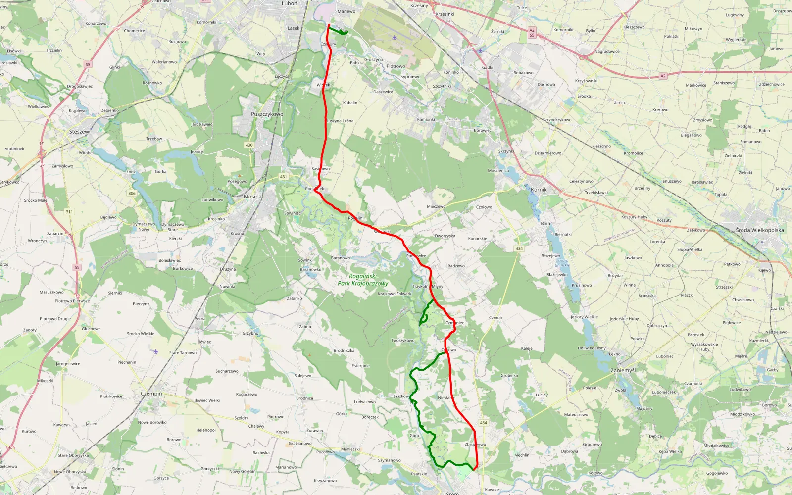 Mapa trasy Czmonia - Czapury - 52.3 km trasy offroad, Powiat Poznański