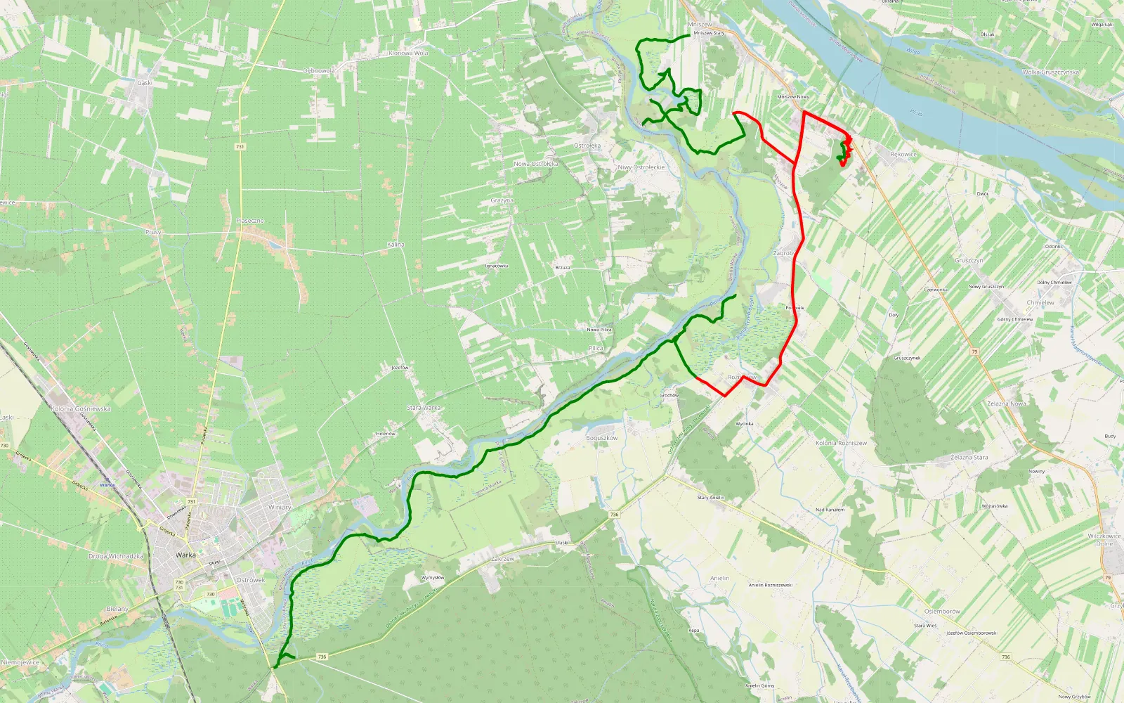 Map of Warka - 27.7 km offroad trail, Kozienice County