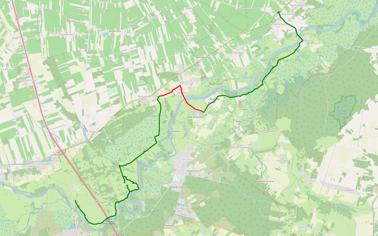 Map of Białobrzegi - Michałów Górny - 15.4 km offroad trail, Białobrzegi County