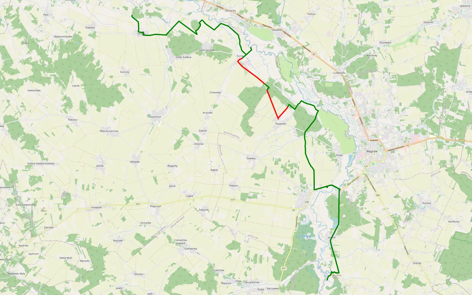 Map of Jaczew - Pierzchały - 19.7 km offroad trail, Węgrów County