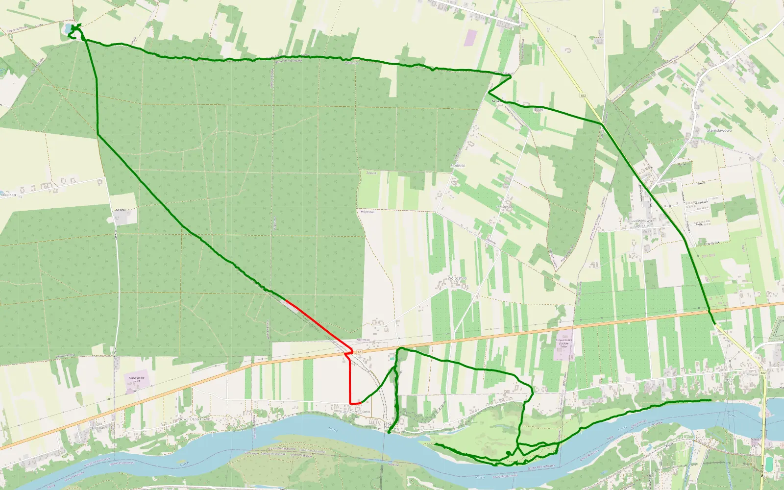 Mapa trasy Dębe - 23.6 km trasy offroad, Powiat Nowodworski
