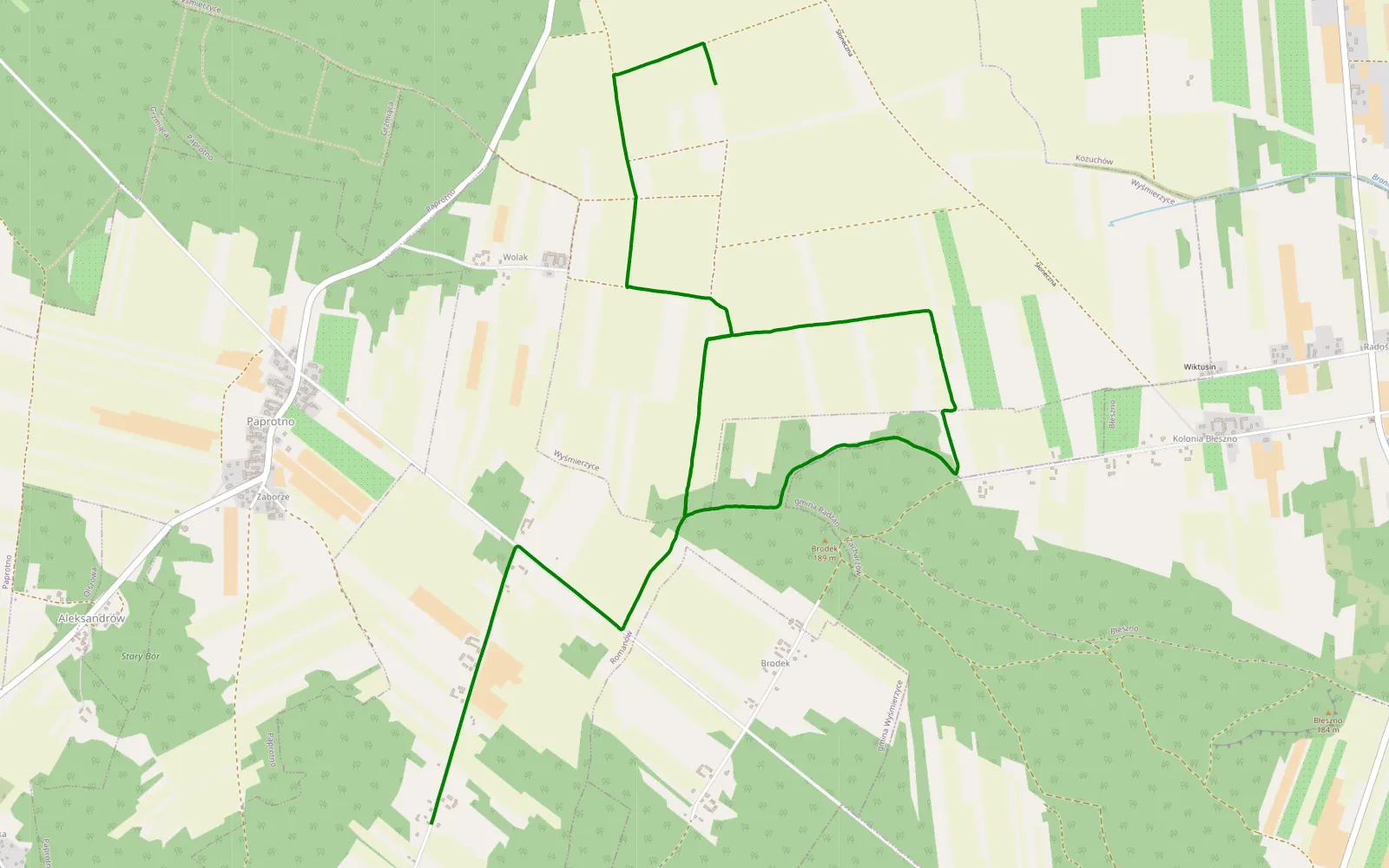 Mapa trasy Wyśmierzyce - Romanów - 6.4 km trasy offroad, Powiat Białobrzeski