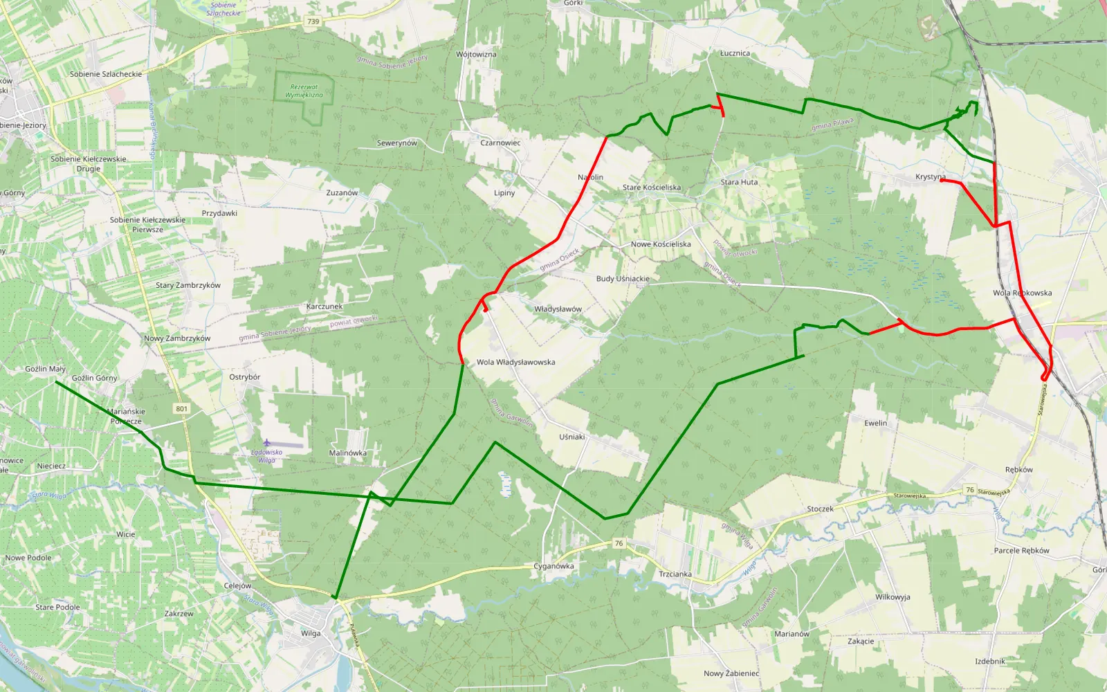 Mapa trasy Goźlin Mały - Wilga - 43.9 km trasy offroad, Powiat Garwoliński