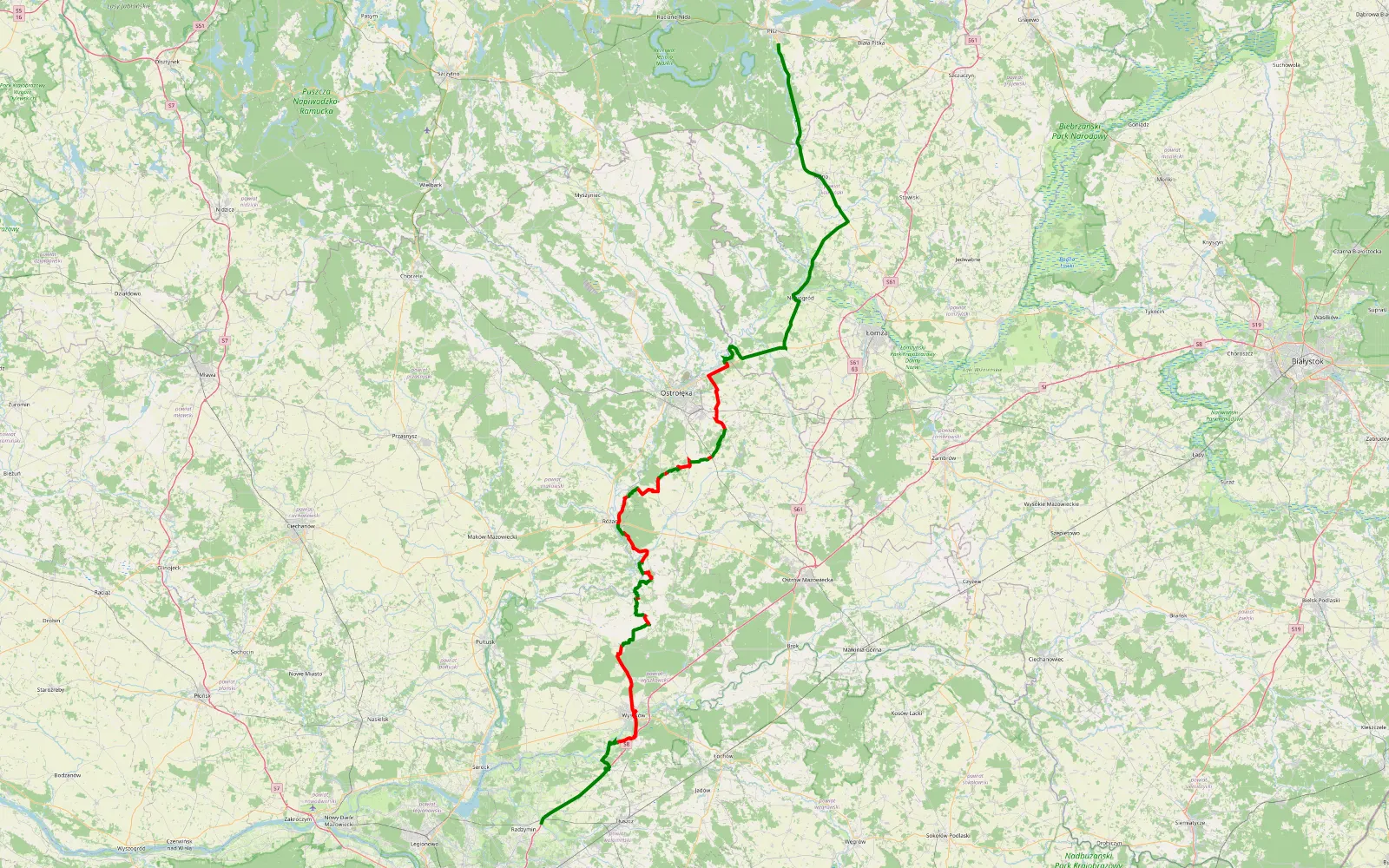 Map of Dybów - Jagodne - 117.8 km offroad trail, Ostrołęka County