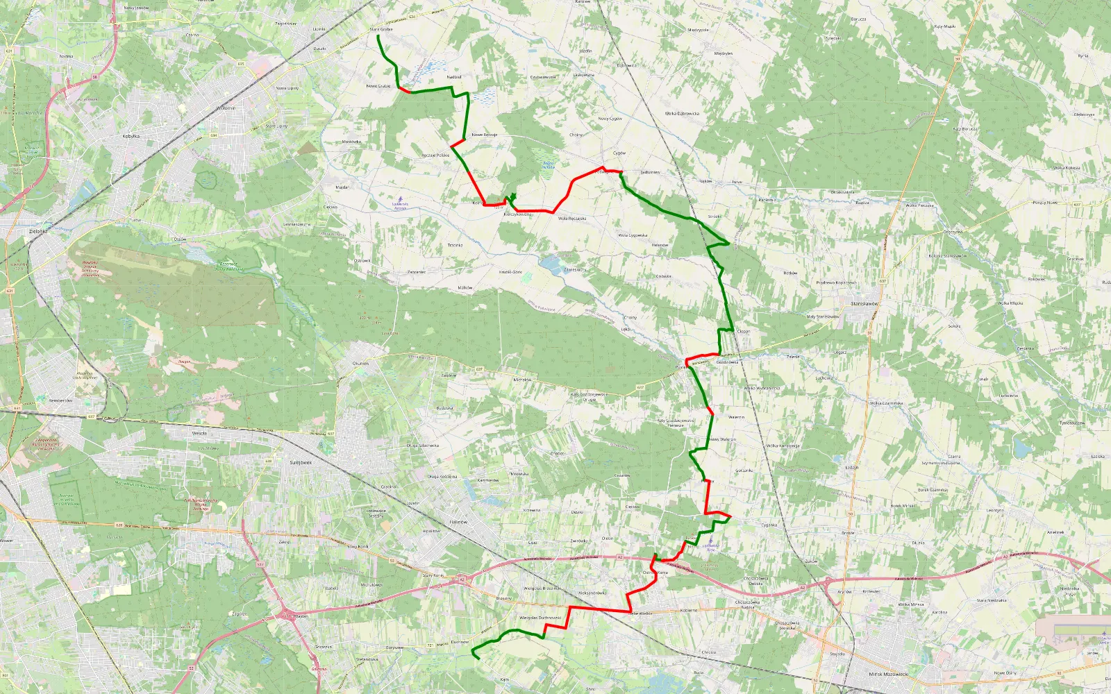 Mapa trasy MORG Stare Grabie - Duchnów - 45.5 km trasy offroad, Powiat Wołomiński