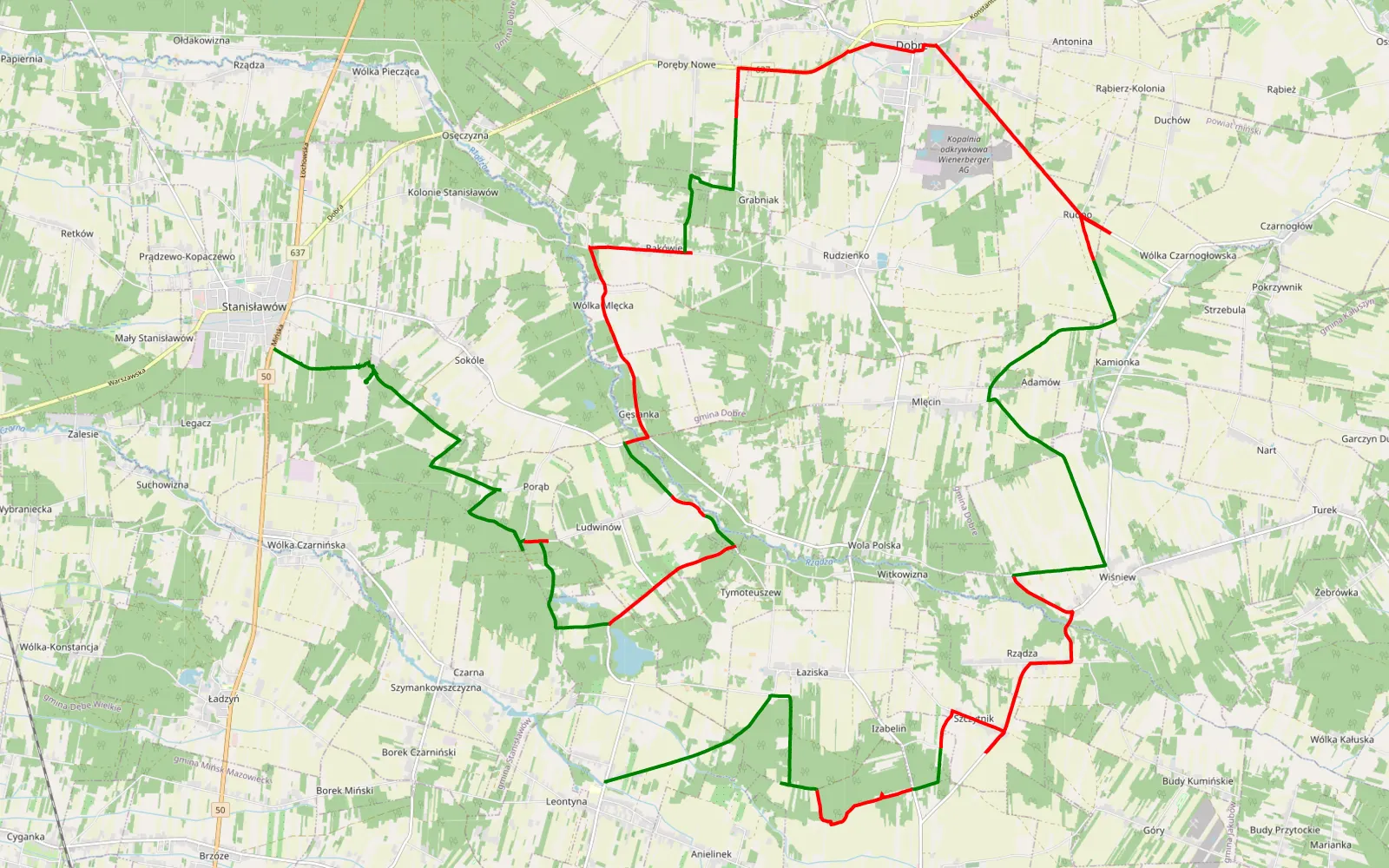 Mapa trasy Stanisławów - Mistów - 46.8 km trasy offroad, Powiat Miński