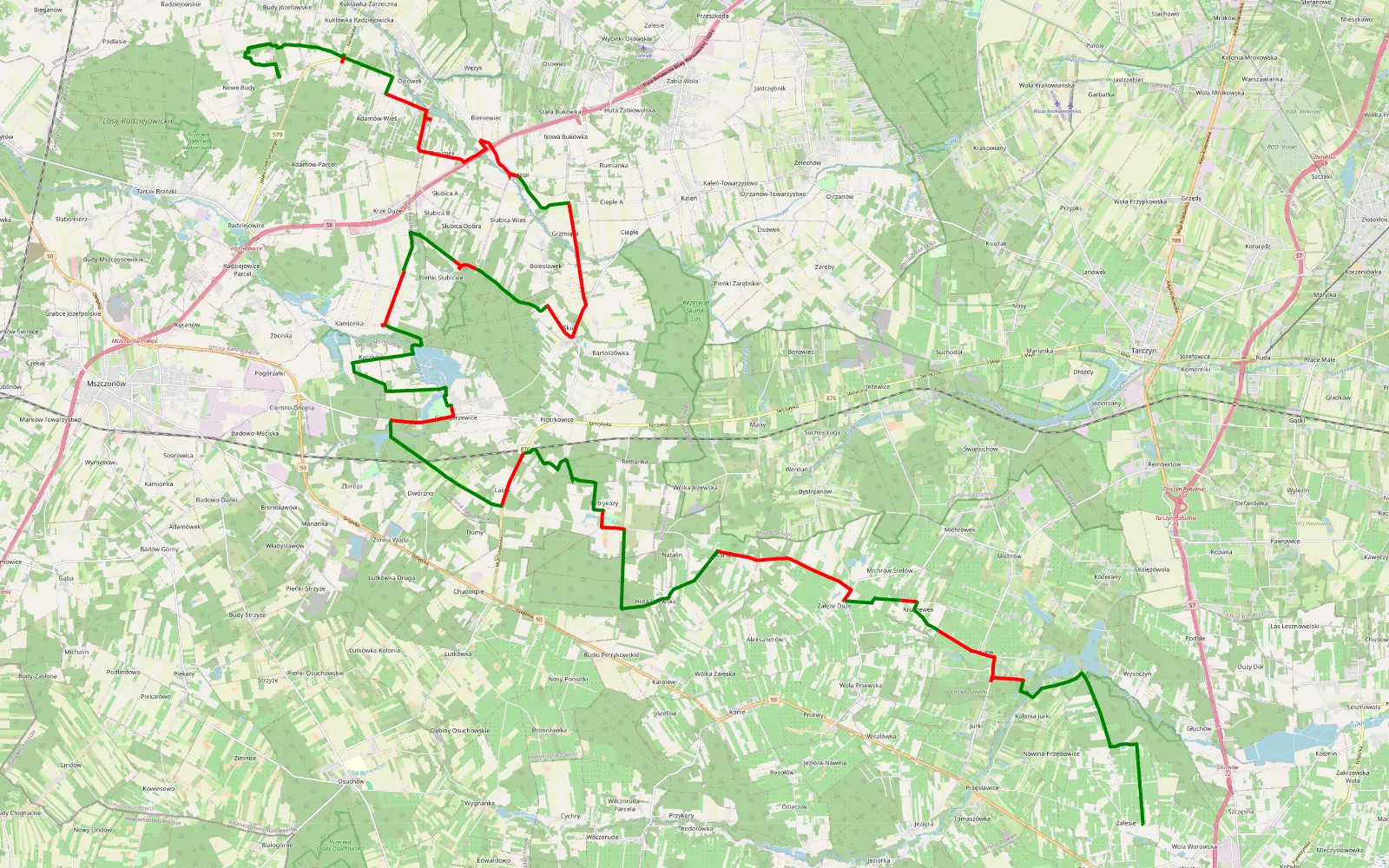 Mapa trasy Budy Józefowskie - Zalesie - 57.3 km trasy offroad, Powiat Grodziski