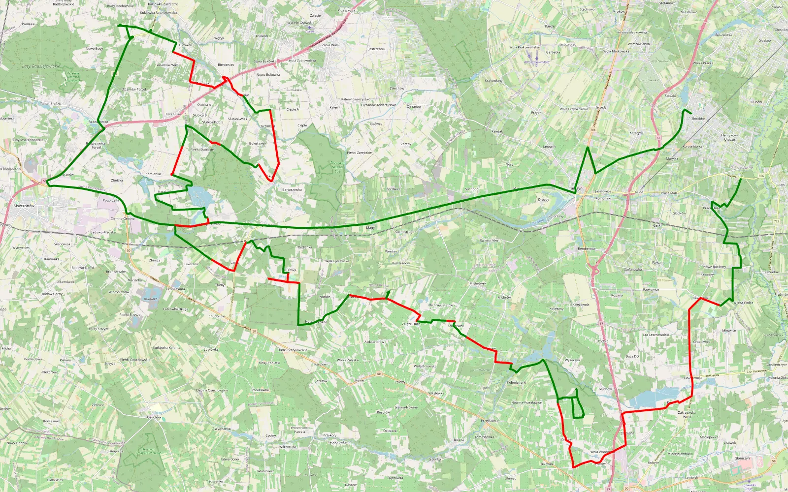Mapa trasy Trasa offroad 72.8 km, Powiat Grójecki - 72.8 km trasy offroad, Powiat Grójecki