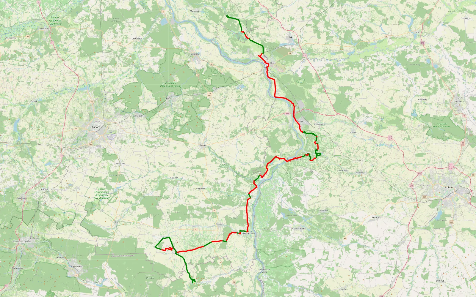 Mapa trasy Wakacje 2022.2 - 137.7 km trasy offroad, Powiat Puławski