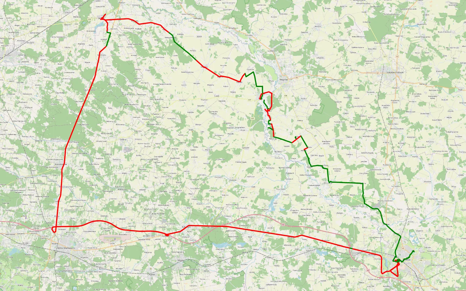 Mapa trasy Siedlce - Nowe Siedlce - 169 km trasy offroad, Powiat Węgrowski