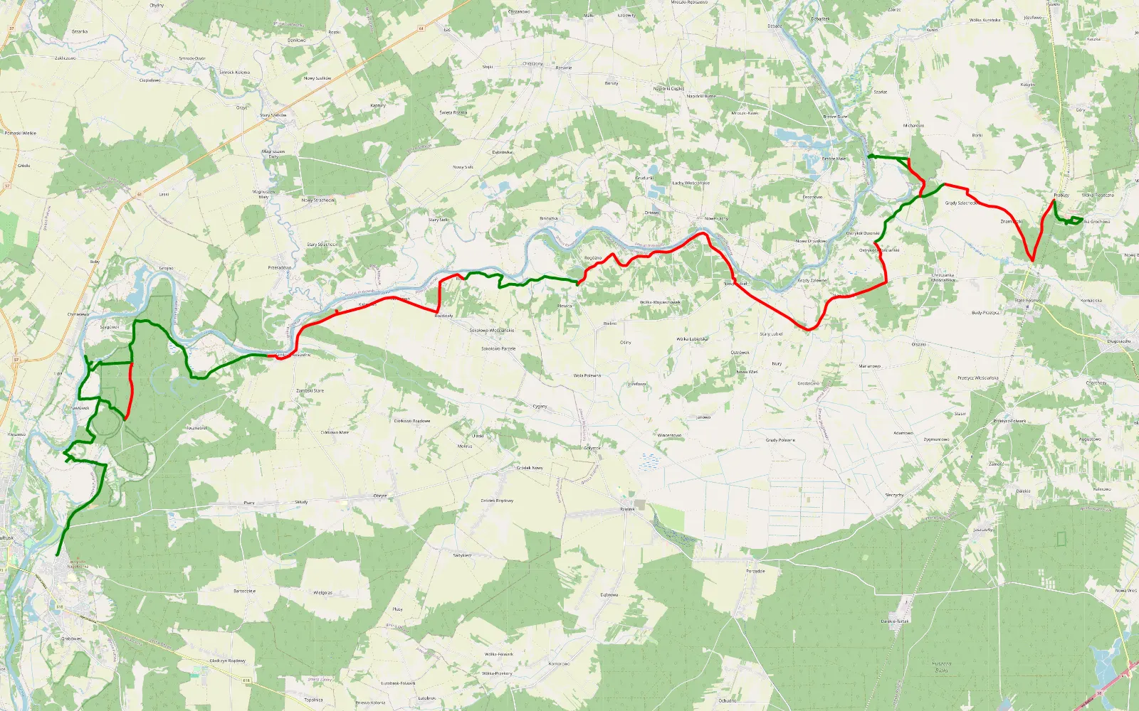 Mapa trasy Popławy - Wólka Piaseczna - 64 km trasy offroad, Powiat Pułtuski