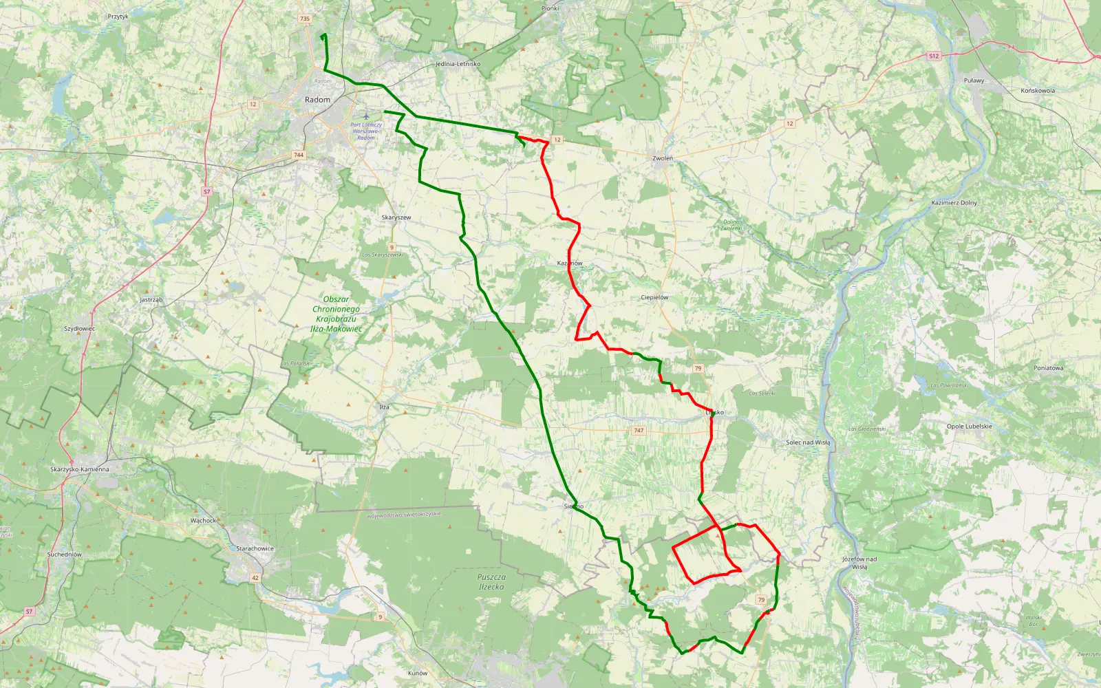 Mapa trasy Sadków - Firlej - 99 km trasy offroad, Powiat Lipski