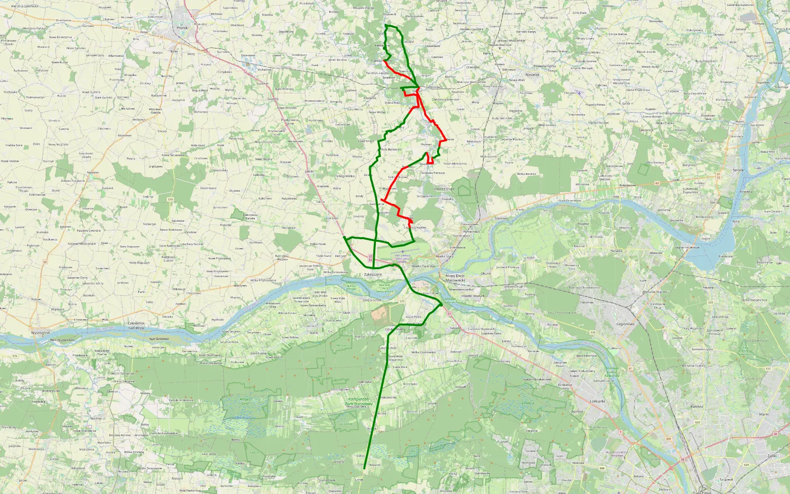 Mapa trasy Zakroczym - Kępiaste - 52.8 km trasy offroad, Powiat Nowodworski