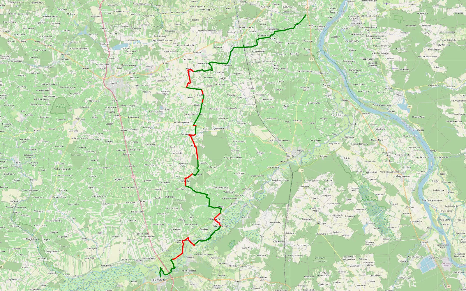 Mapa trasy Coniew - Białobrzegi - 47.9 km trasy offroad, Powiat Grójecki