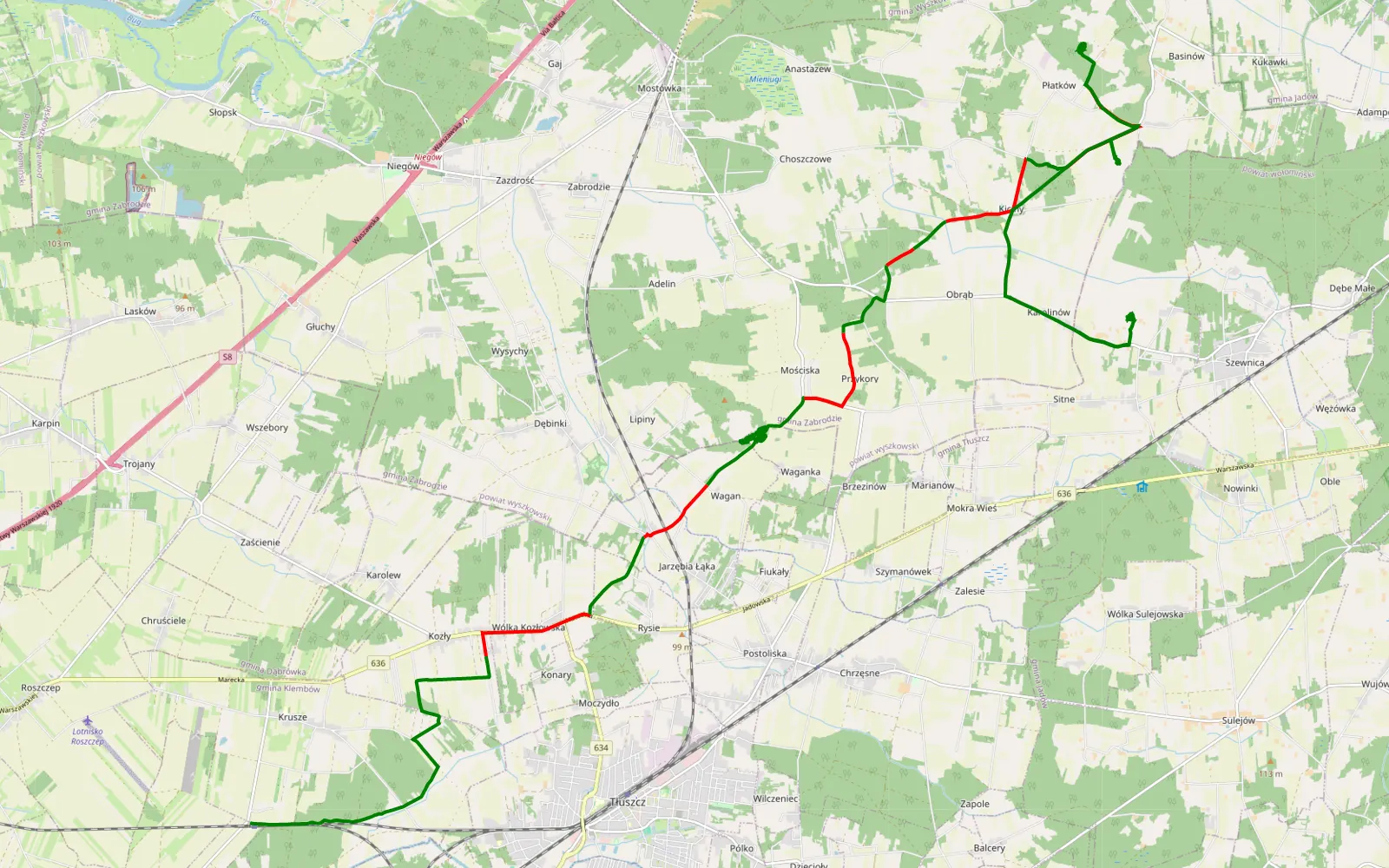 Mapa trasy Krusze - Sitne - 26.6 km trasy offroad, Powiat Wołomiński
